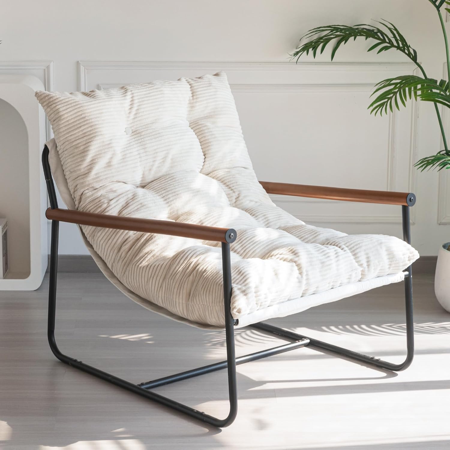 71XATi8y8kL._AC_SL1500_.jpg MAXYOYO Modern Accent Chair, Comfy Living Room Chair with Metal Frame Wooden Armrest, Upholstered Armchair with Soft Cushion for Bedroom Balcony Lounge Reading Room, Beige - Image 2