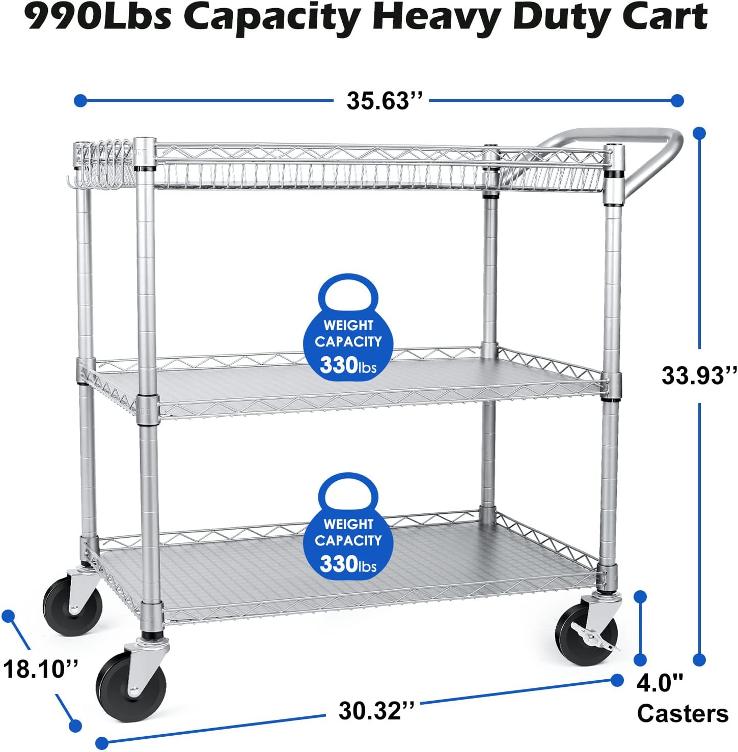71YyL6HgkTL._AC_SL1500_.jpg WDT 990Lbs Capacity Heavy Duty Rolling Utility Cart, NSF Rolling Carts with Wheels,Commercial Grade Metal Cart with Handle Bar & Shelf Liner,Trolley Serving Cart for Restaurant,Kitchen,Gray - Image 4