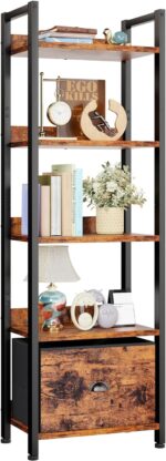 Furologee 5 Tier Bookshelf with Drawer, Tall Narrow Bookcase with Shelves, Wood and Metal Bookshelves Storage Organizer, Industrial Display Standing Shelf Unit for Bedroom, Living Room, Rustic Brown - Image 2