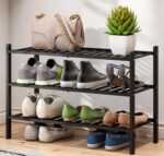 3-Tier Black Bamboo Shoe Rack for Entryway, Stackable | Foldable | Natural, Shoe Shelf Storage Organizer for Hallway Closet, Free Standing Shoe Racks for Indoor Outdoor - Image 2