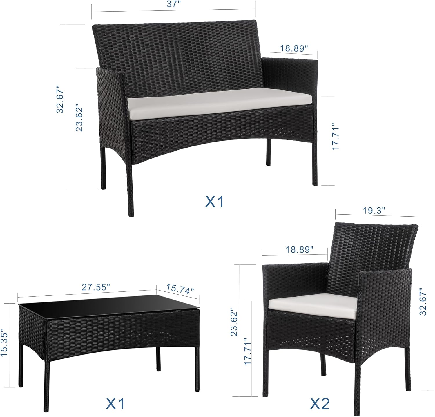 71b4TyYEYAL._AC_SL1500_.jpg Shintenchi 4 Piece Outdoor Patio Furniture Sets, Small Wicker Patio Conversation Furniture Rattan Chair Set with Tempered Glass Coffee Table for Backyard Porch Garden Poolside Balcony - Image 6