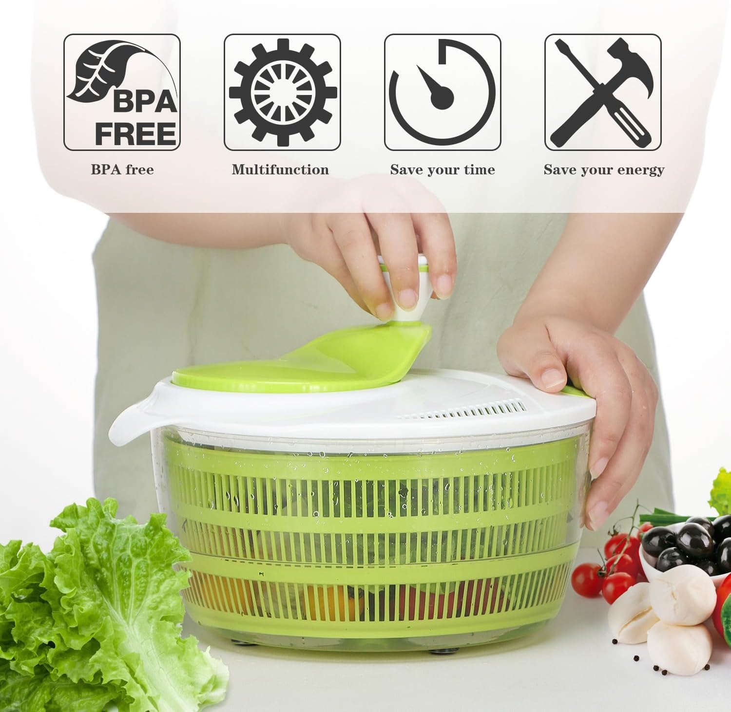71cF3udJMvL._AC_SL1500_.jpg Ourokhome Salad Spinner Lettuce Dryer, Rotary Veggie Washer with Compact Bowl and Colander, Easy to Clean, Wash, Dry Vegetables, Fruits, Lettuce, Greens, Lockable Lid, 4L, Green - Image 3