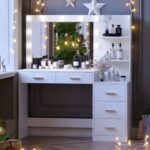 Rovaurx 46.7" Makeup Vanity Table with Lighted Mirror, Large Vanity Desk with Storage Shelf & 5 Drawers, Bedroom Dressing Table, 11 LED Lights, White - Image 4