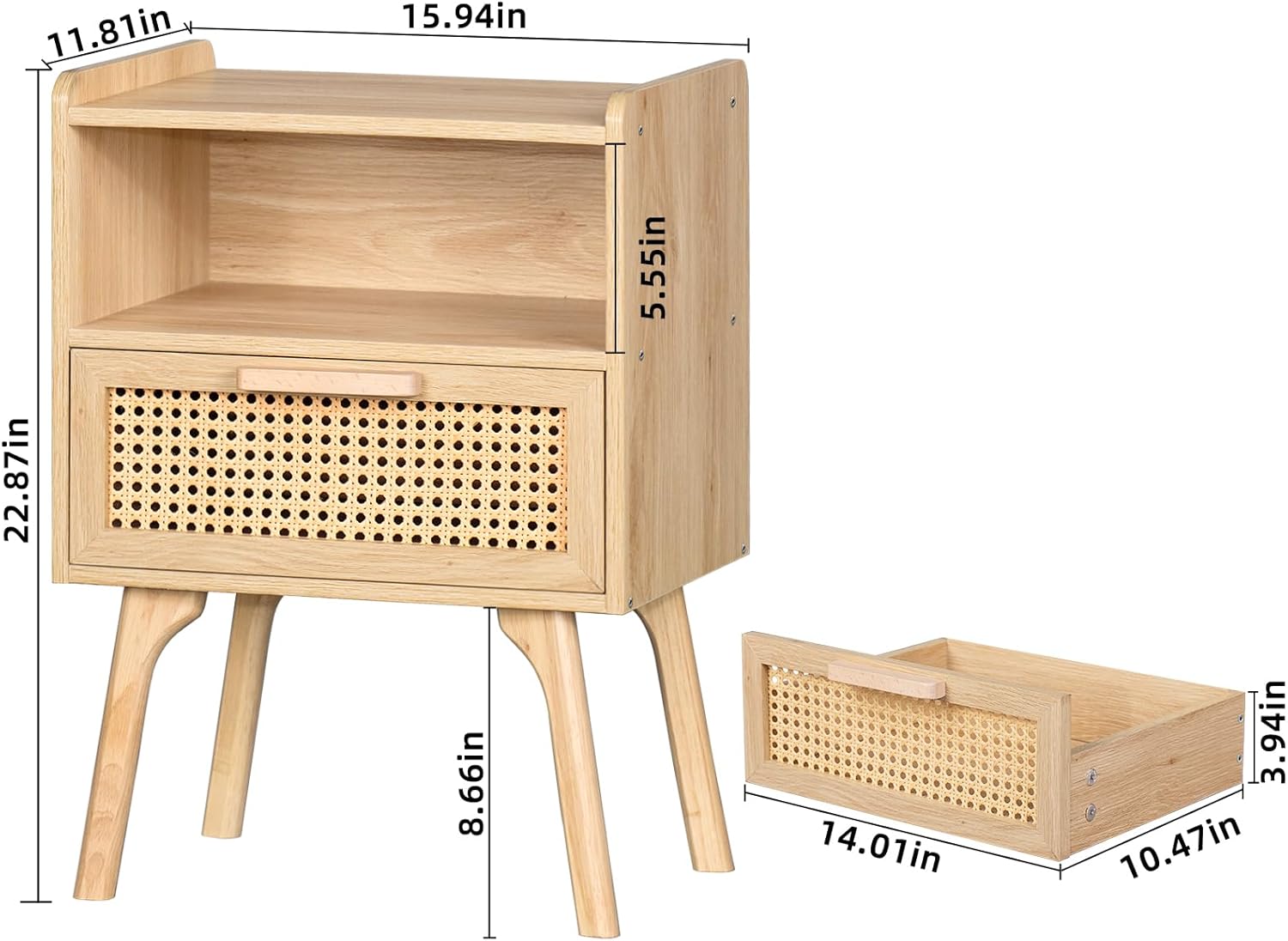 71foCDU82wL._AC_SL1500_.jpg Lerliuo Rattan Nightstand, Boho Side Table with Drawer Open Shelf, Cane Accent Bedside End Table with Solid Wood Legs for Bedroom, Dorm and Small Spaces (Natural) - Image 4