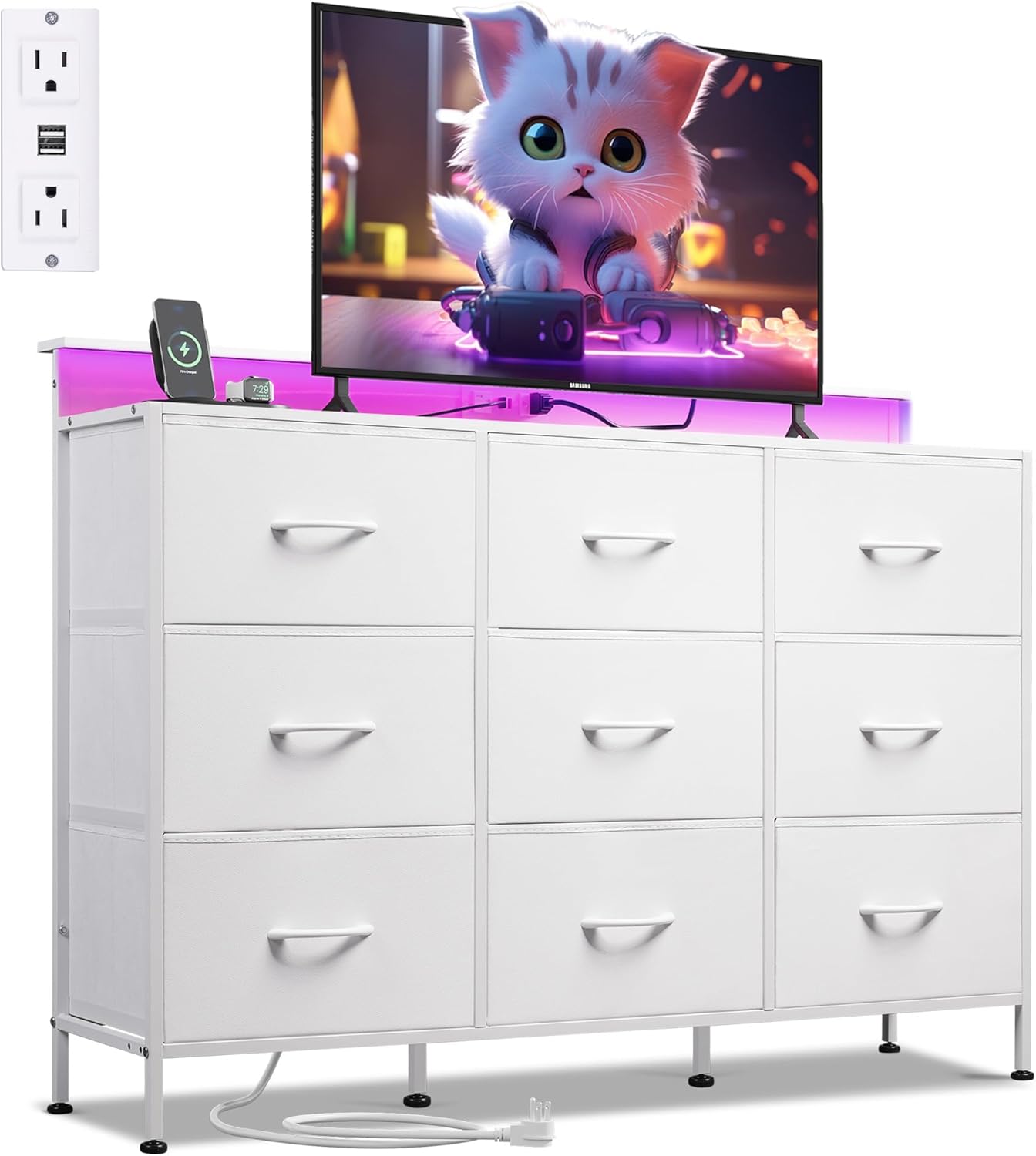 71gE-6gE-cL._AC_SL1500_.jpg WLIVE White TV Stand for 45, 50, 55 inch TV, Entertainment Center with LED Lights & Charging Station, TV Media Console Table with 9 Fabric Drawers and Open Shelves for Living Room, Hallway, Wood Top - Image 2