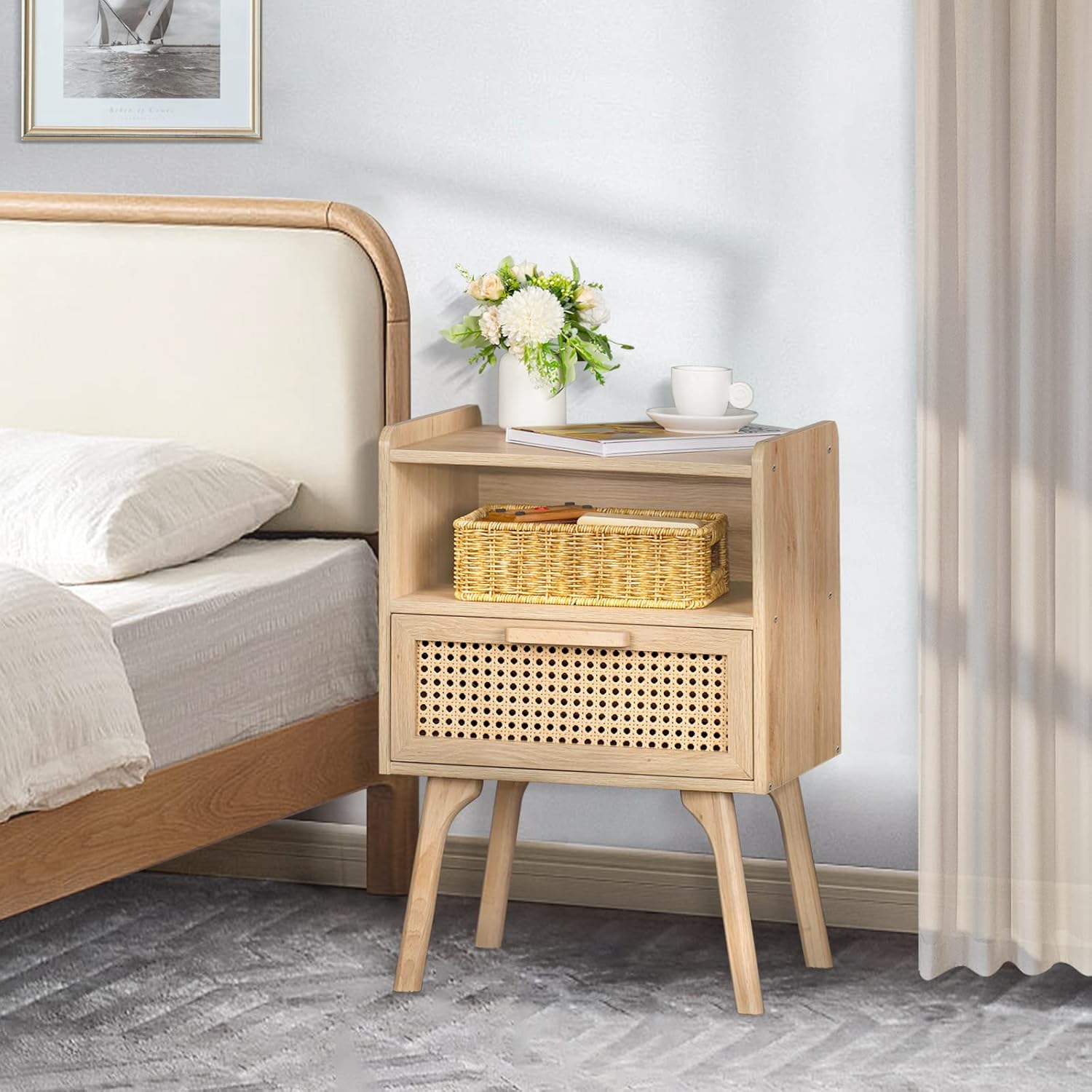 71gamIUqXSL._AC_SL1500_.jpg Lerliuo Rattan Nightstand, Boho Side Table with Drawer Open Shelf, Cane Accent Bedside End Table with Solid Wood Legs for Bedroom, Dorm and Small Spaces (Natural) - Image 9