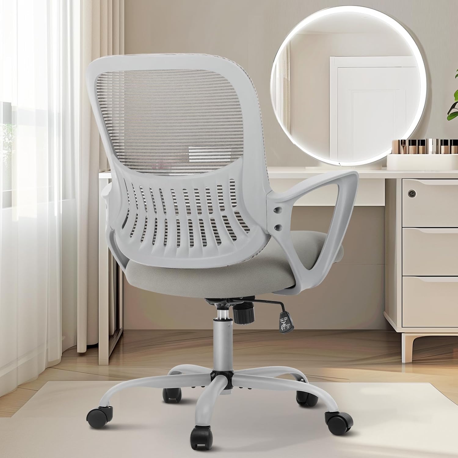 71hTqwyhzoL._AC_SL1500_.jpg Sweetcrispy Office Computer Desk Managerial Executive Chair, Ergonomic Mid-Back Mesh Rolling Work Swivel Chairs with Wheels, Comfortable Lumbar Support, Comfy Arms for Home,Bedroom,Study,Student,Grey - Image 2