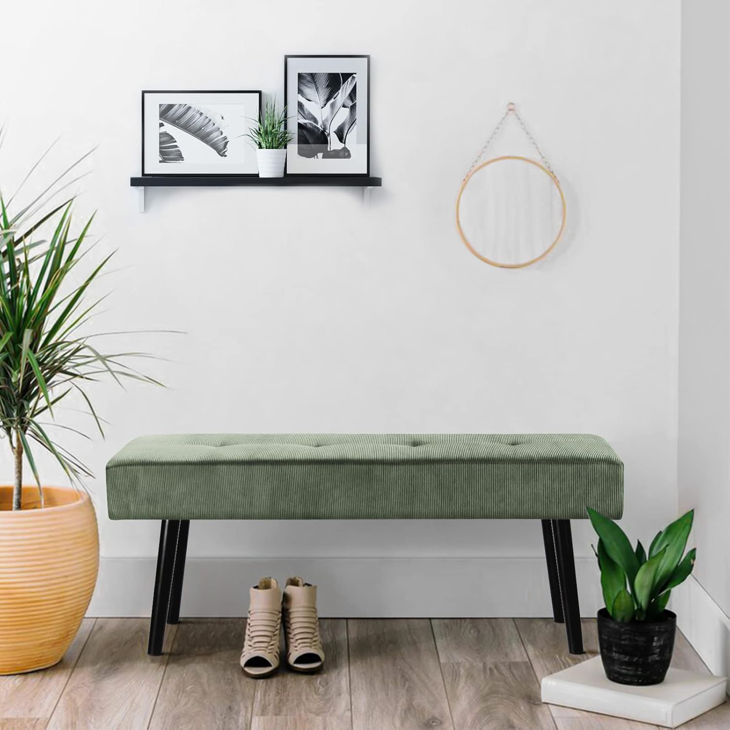 71ha4B0XOL._AC_SL1500_.jpg Entryway Bench - Green Bench for Bedroom, Modern Ottoman End of Bed, Corduroy Padded Benches for Living Room, Foyer, Mudroom, Hallway - 39" L x 14" W x 17" H - Image 6