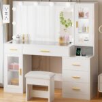 BEWISHOME 49.2" Large Vanity Desk with Mirror and Lights,White Makeup Vanity Table with Glass Top,Stool,Makeup Desk with Power Outlet,5 Drawers,Nightstand,Dressing Table for Bedroom Women FST34W - Image 2