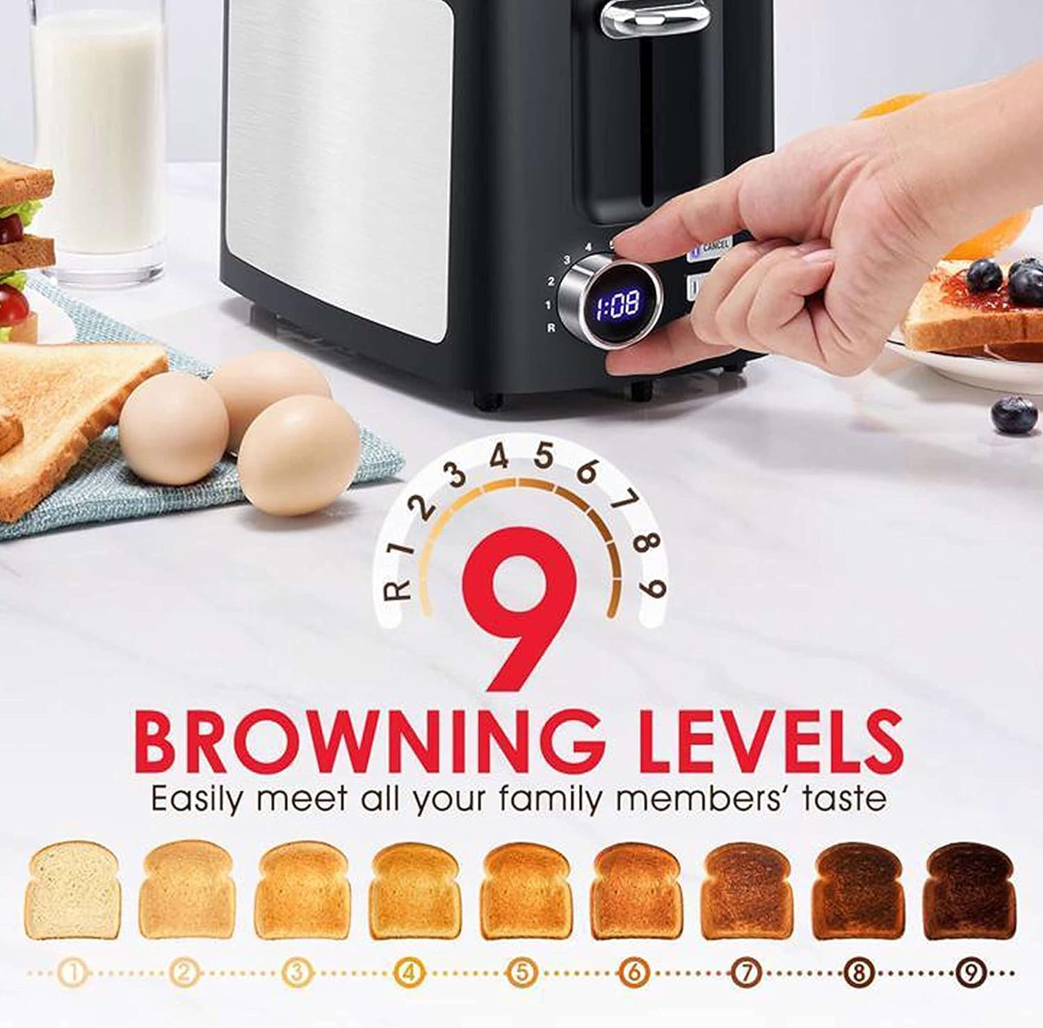71iHf44jVgL._AC_SL1500_.jpg Toaster 2 Slice Wide Slot Toaster Best Rated Prime Displav Smart Toasters with LCD Digital Countdown Timer and Bagel/Defrost/Cancel/Reheat Function - Image 4