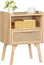 Lerliuo Rattan Nightstand, Boho Side Table with Drawer Open Shelf, Cane Accent Bedside End Table with Solid Wood Legs for Bedroom, Dorm and Small Spaces (Natural) - Image 2