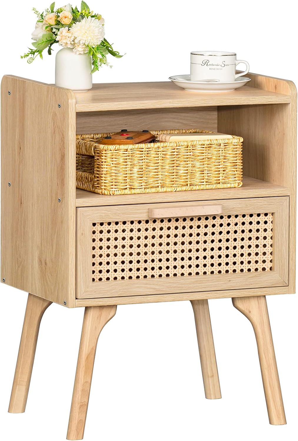 71jNXilwdaL._AC_SL1500_.jpg Lerliuo Rattan Nightstand, Boho Side Table with Drawer Open Shelf, Cane Accent Bedside End Table with Solid Wood Legs for Bedroom, Dorm and Small Spaces (Natural) - Image 2