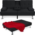Best Choice Products Linen Modern Folding Futon, Reclining Sofa Bed for Apartment, Dorm w/Removable Armrests, 2 Cupholders - Black - Image 2