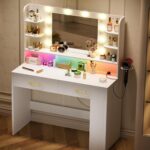 COMHOMA Vanity Desk with Lighted Mirror and Power Outlet, RGB LED Lights Makeup Vanity Set for Girls, Large Storage Capacity Dressing Table for Bedroom, 3 Lighting Modes Adjustable Brightness, White - Image 3