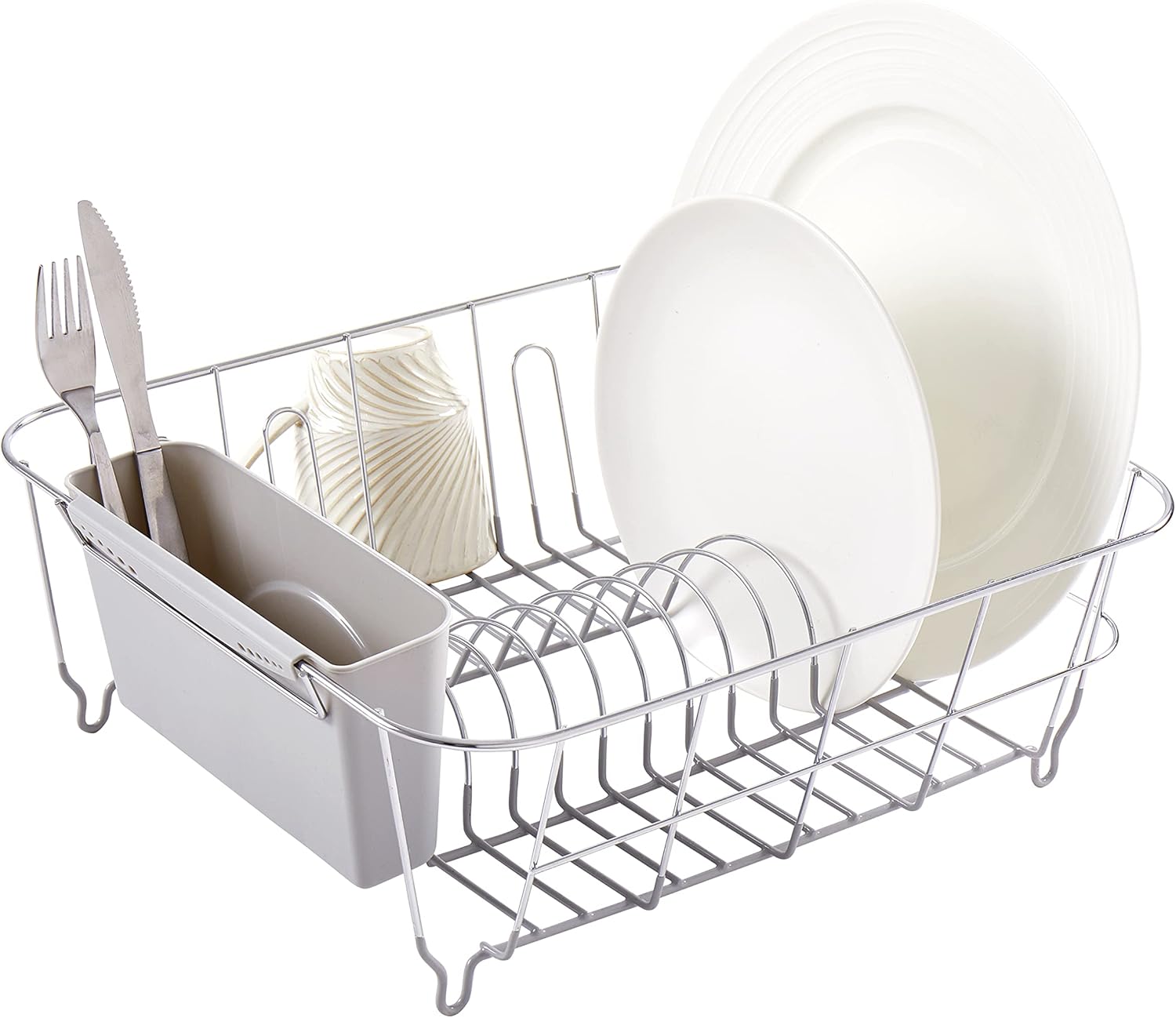 71lCHXRtyvL._AC_SL1500_.jpg Dish Drying Rack & Cutlery Holder 2 Piece Set - Compact Sink-Fitting Dish Drainer with Rubberized Undercoating, Space-Saving Kitchen Organizer for Plates, Cups, Bowls & Utensils In Sink, Silver - Image 2