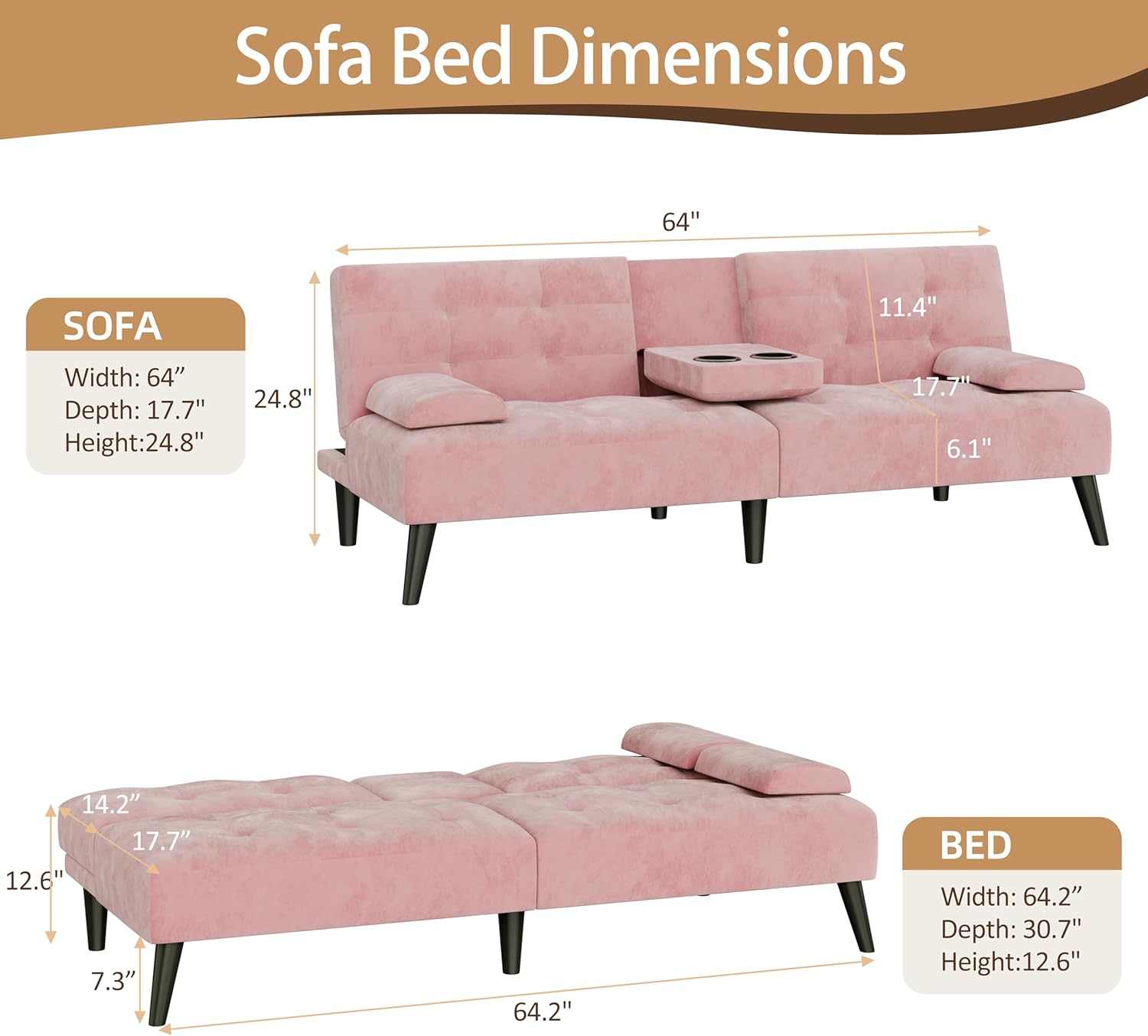 71mhjuDExXL._AC_SL1500_.jpg JAMFLY Sofa Bed Futon Couches, Modern Convertible Folding Loveseat - Multi-Functional Recliner with 3-Angle Adjustment, Detachable Armrests with Cup Holders - Ideal for Small Spaces, Pink - Image 3