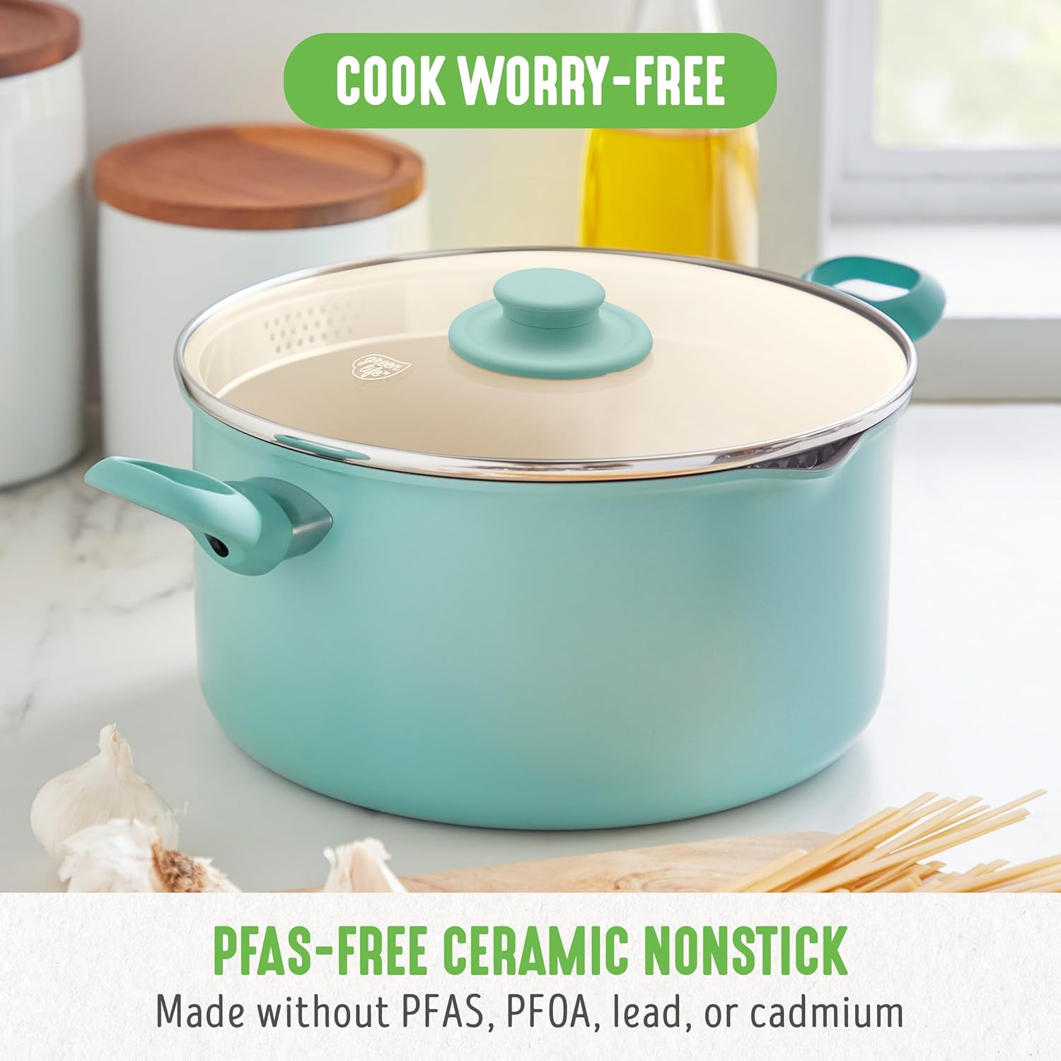 71mq5zC6h4L._AC_SL1500_.jpg GreenLife 6QT Nonstick Stockpot with Straining Lid, Soft Grip, PFAS-Free Ceramic, Pour Spout, Multipurpose Cooking Pot, Sauces & Soups, Milk Pan, Stay-Cool Handles, Dishwasher & Oven Safe, Turquoise - Image 3