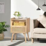 Lerliuo Rattan Nightstand, Boho Side Table with Drawer Open Shelf, Cane Accent Bedside End Table with Solid Wood Legs for Bedroom, Dorm and Small Spaces (Natural) - Image 5
