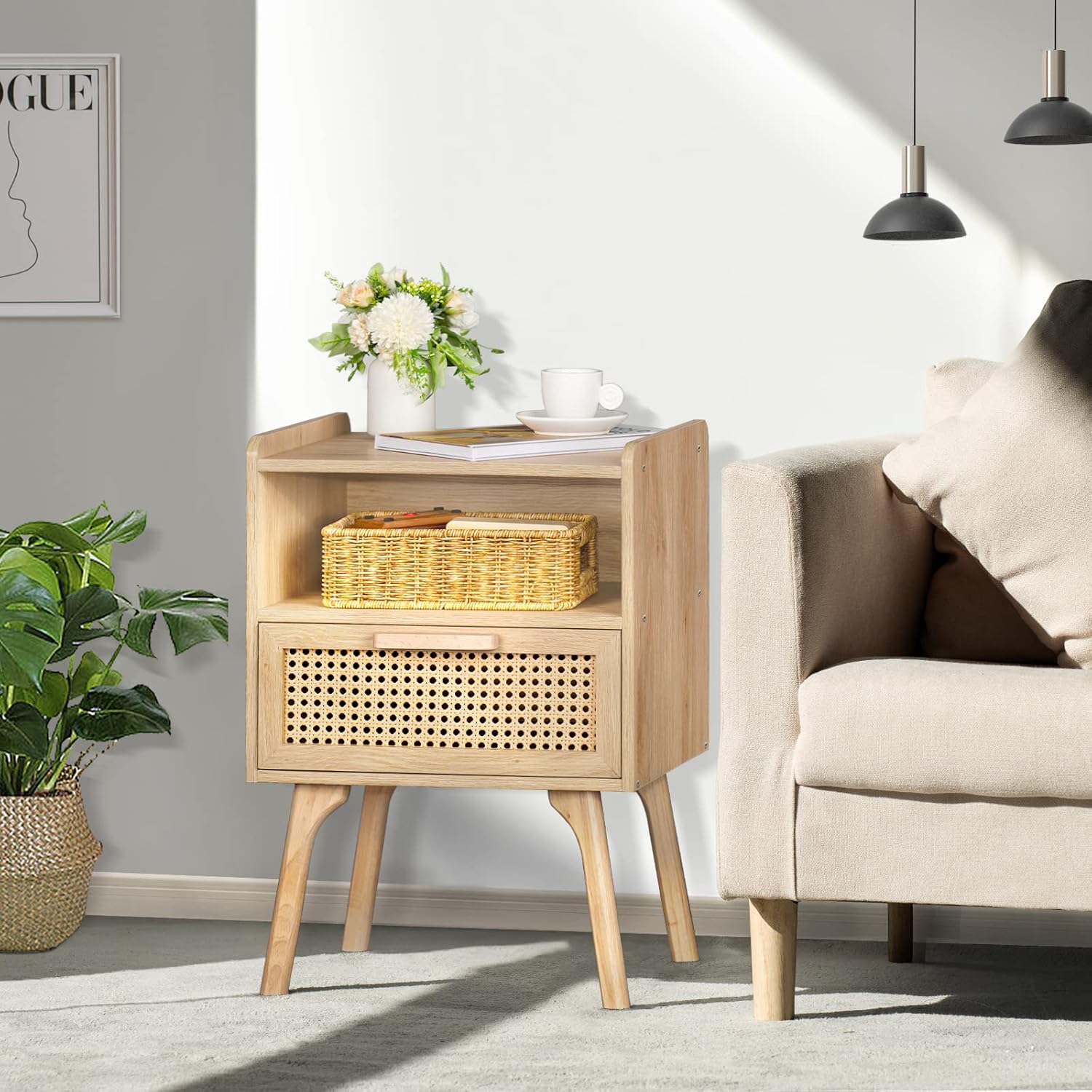 71muJgPQruL._AC_SL1500_.jpg Lerliuo Rattan Nightstand, Boho Side Table with Drawer Open Shelf, Cane Accent Bedside End Table with Solid Wood Legs for Bedroom, Dorm and Small Spaces (Natural) - Image 5