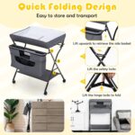 Costzon Baby Changing Table, Adjustable Height Portable Diaper Station w/Lockable Wheels, Safety Belt, Large Storage Rack & Bag, Folding Nursery Station for Infant Newborn (Grey) - Image 6