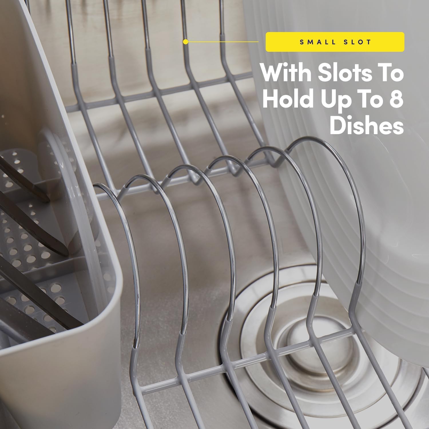 71n9VAKiggL._AC_SL1500_.jpg Dish Drying Rack & Cutlery Holder 2 Piece Set - Compact Sink-Fitting Dish Drainer with Rubberized Undercoating, Space-Saving Kitchen Organizer for Plates, Cups, Bowls & Utensils In Sink, Silver - Image 6