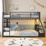 ADORNEVE Low Bunk Bed Twin Over Twin with Storage Bookshelves, 2 Drawers & Power Outlet, LED Metal Floor Bunk with Full-Length Guardrail & Metal Slats, No Box Spring Needed, for Kids, Black - Image 7