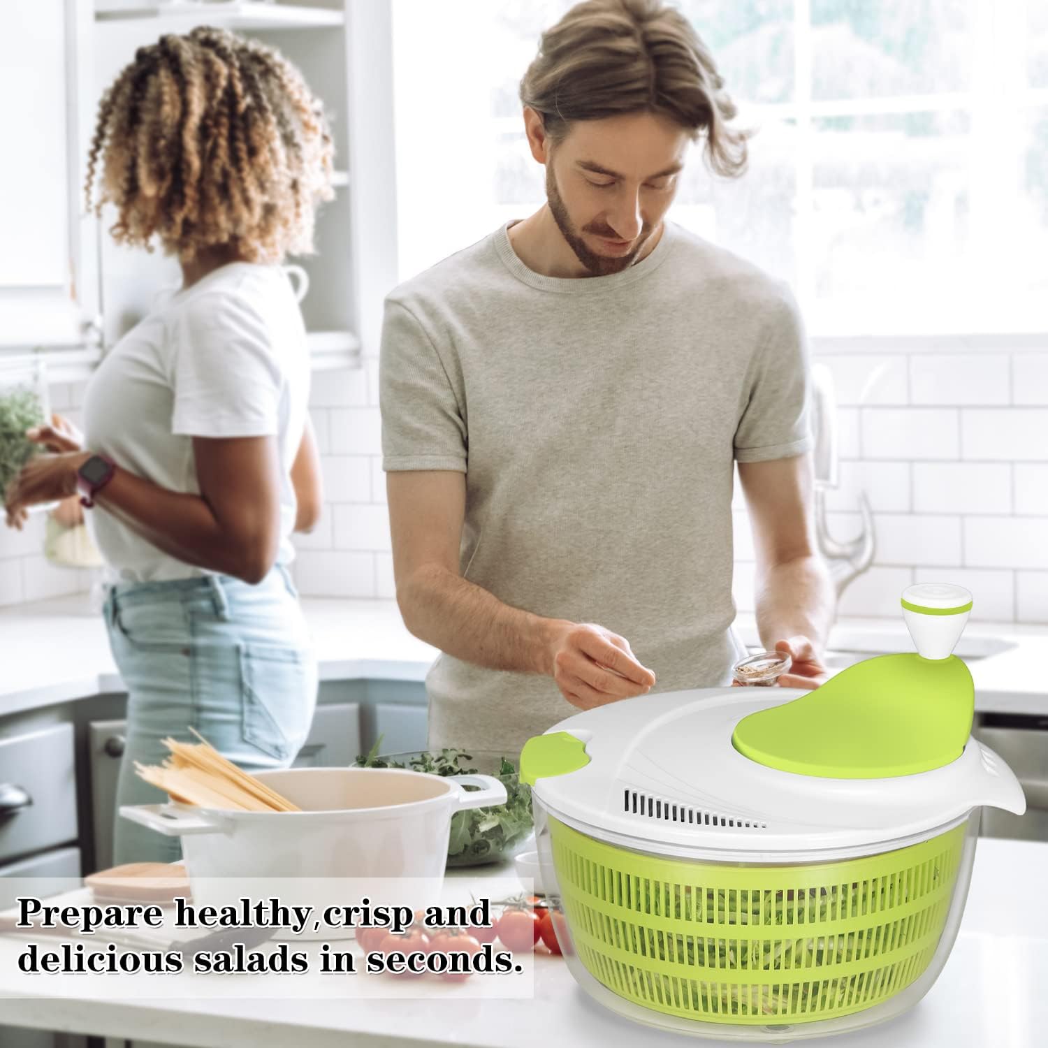 71r8Yut6ayL._AC_SL1500_.jpg Ourokhome Salad Spinner Lettuce Dryer, Rotary Veggie Washer with Compact Bowl and Colander, Easy to Clean, Wash, Dry Vegetables, Fruits, Lettuce, Greens, Lockable Lid, 4L, Green - Image 7