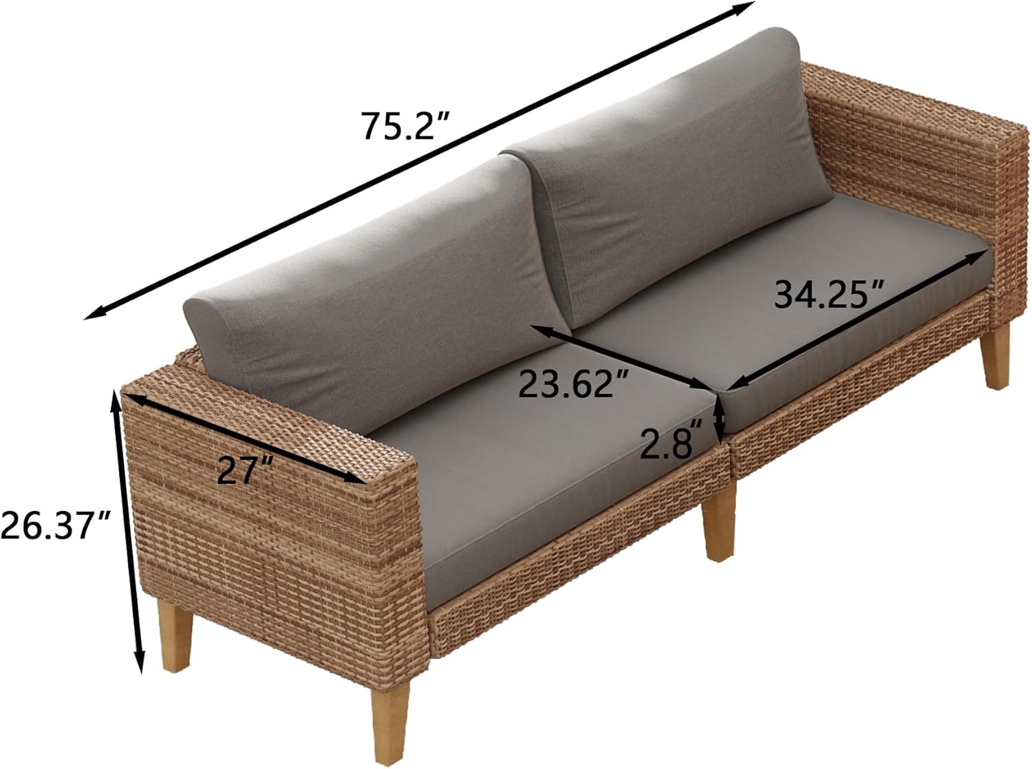 71rhwYBPEYL._AC_SL1500_.jpg WiberWi Outdoor Couch, All Weather Patio Sofa with Acacia Wood Legs, PE Wicker Outdoor Furniture Deep Seating, Rattan Loveseat for Garden, Backyard, Balcony and Porch, Grey - Image 3