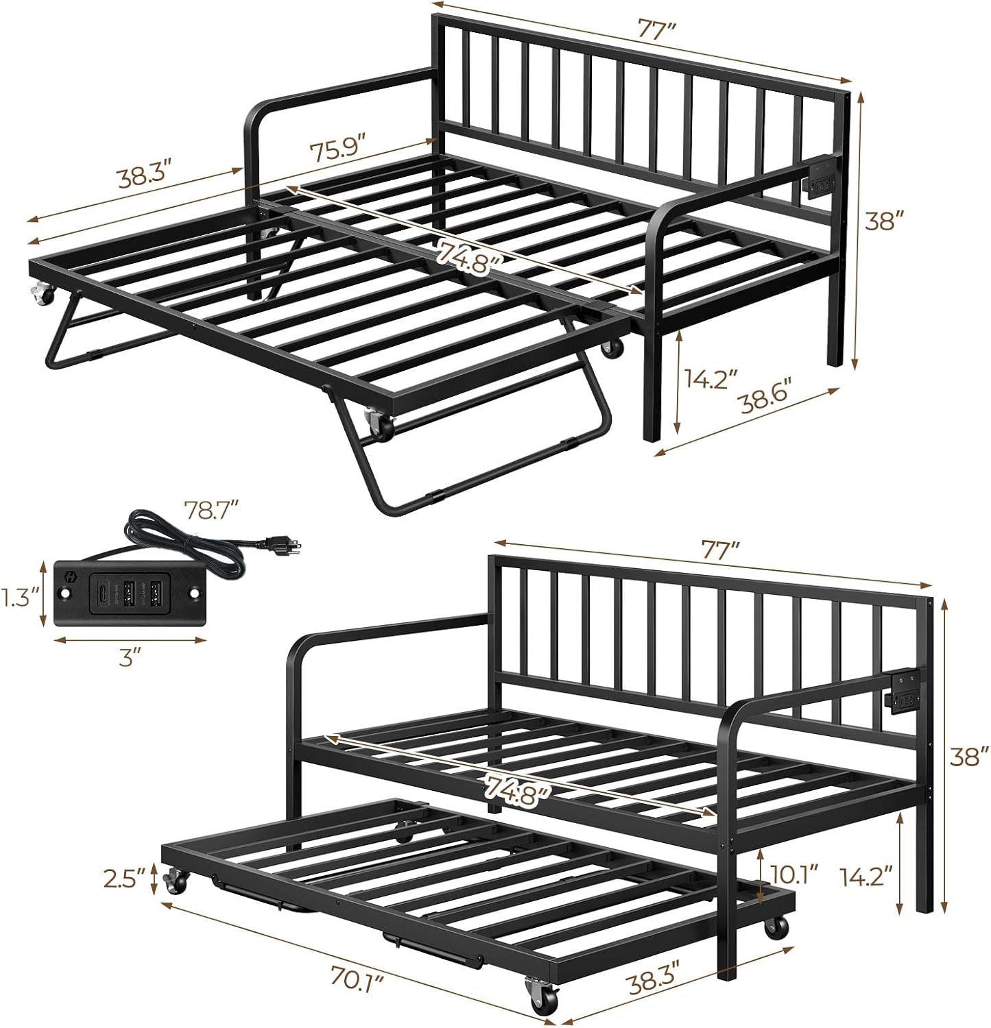 71rmJc7W2L._AC_SL1500_.jpg Rolanstar Daybed with Charging Station and LED Lights, Height Adjustable Twin Daybed with Trundle, Metal Sofa Bed Frame with Steel Slat Support for Living Room, Bedroom and Guest Room, Black - Image 3