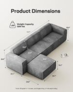Marsail 111" L-Shape Sofa, Modular Cloud Couches with Deep Seats & High-Back, Corduroy Sectional Sofa for Living Room Bedroom with Ottoman, No Assembly Required, Grey - Image 3