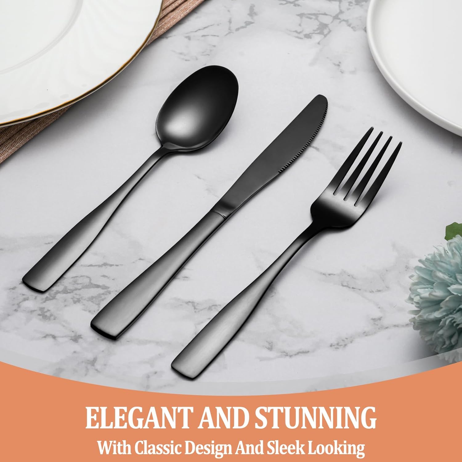 71tfU45h3lL._AC_SL1500_.jpg 20 Pcs Black Silverware Set, Food-Grade Stainless Steel Flatware Set for 4, Square Cutlery Set, Mirror Polished Tableware Eating Utensils Set for Kitchen, Include Knife Fork Spoon Set,Dishwasher Safe - Image 7