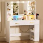 COMHOMA Vanity Desk with Lighted Mirror and Power Outlet, RGB LED Lights Makeup Vanity Set for Girls, Large Storage Capacity Dressing Table for Bedroom, 3 Lighting Modes Adjustable Brightness, White - Image 2