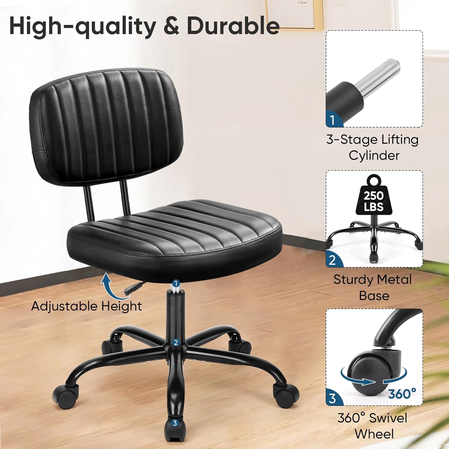 71vjxhIyWL._AC_SL1500_.jpg DUMOS Armless Office Desk Chair, Small Height Adjustable Computer Task Chair with Low Back Lumbar Support and 360° Swivel Rolling Wheels for Small Space, Kids and Adults, Dark Black - Image 6