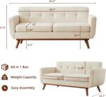 Kingfun 65.2" W Loveseat Sofa, Mid Century Modern Decor Love Seat Couches for Living Room, Button Tufted Upholstered Furniture, Solid & Easy to Install Small Couch for Bedroom Office Apartment, Beige - Image 3