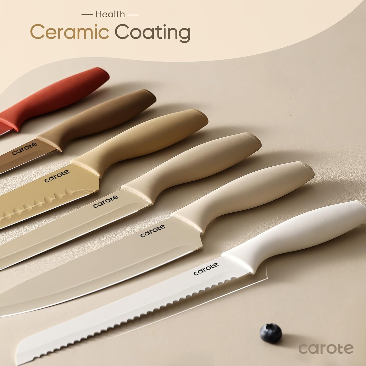 71zfpoEcDVL._AC_SL1500_.jpg CAROTE 12 Pieces Kitchen Knife Set, Stainless Steel Knife Set With Nonstick Ceramic Coating, Dishwasher Safe with 6 Blade Guards, Rustproof, Brown - Image 6