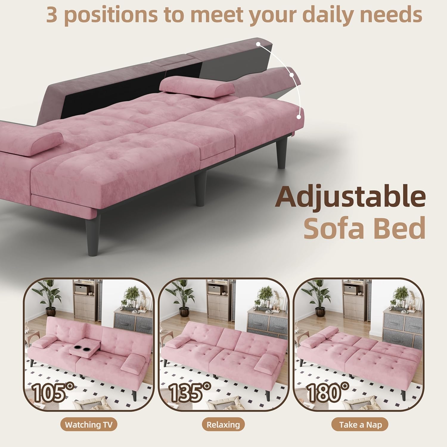 811XvHPy4XL._AC_SL1500_.jpg JAMFLY Sofa Bed Futon Couches, Modern Convertible Folding Loveseat - Multi-Functional Recliner with 3-Angle Adjustment, Detachable Armrests with Cup Holders - Ideal for Small Spaces, Pink - Image 4