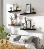 Wood Floating Shelves for Wall Decor, Rustic Wall Shelves for Bedroom Bathroom Kitchen Living Room, Set of 6 Black - Image 5