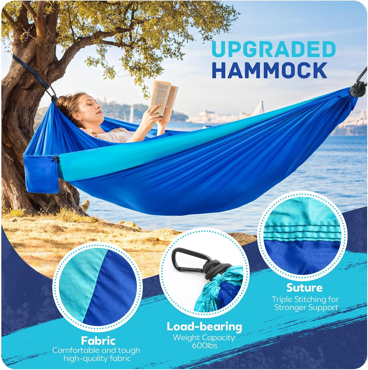815AiV9YFNL._AC_SL1500_.jpg Camping Hammock Lightweight, Portable Hammocks Parachute Hammock with Two Tree Straps, Single or Double Travel Swing Nylon Camp Hammocks, Outdoor Essentials for Beach Backpacking Hiking, Blue - Image 4