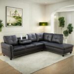 FONTOI Leather Sectional Couch Sofa, Modern Nail-Head Design L Shaped Sectional Sofa for Living Room, 4 Seat L Couch with Cup Holder for Bedroom, Black ZA - Image 2