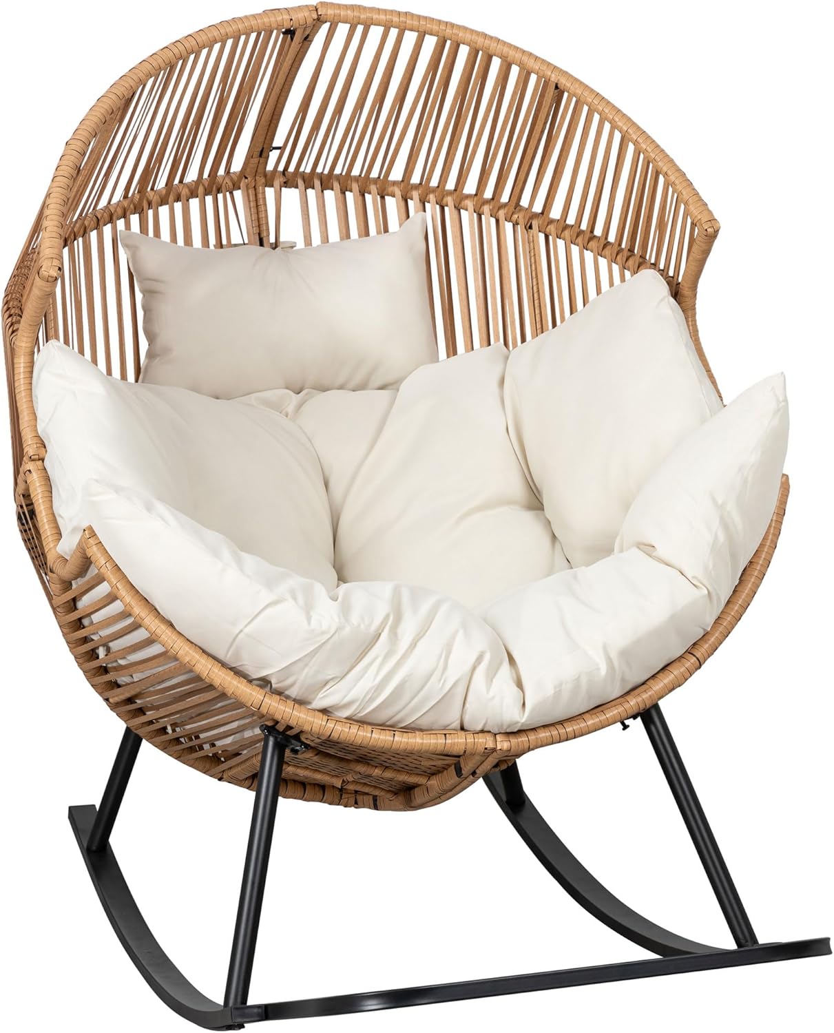815nPFEd-L._AC_SL1500_.jpg Shintenchi Wicker Egg Chair,Oversized Outdoor Indoor Rocking Chair,Large PE Rattan Rocking Chair with Cushion for Patio, Balcony, Backyard, Garden, Beige - Image 4