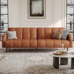 Fadware Faux Leather Couch, Convertible Futon Sofa Bed with Adjustable Backrest, Mid Century Leather Sofa Loveseat with Side Pockets& Metal Leg, Modern Leather Sleeper Sofa for Living Room Bedroom - Image 4