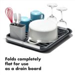 OXO Good Grips Aluminum Fold Flat Dish Drying Rack, 2-Tier, with Drainboard, for Kitchen Counter, Collapsible - Image 3