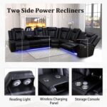 Power Recliner Sectional Sofa with LED, Power Reclining Sectional Couch, Breathing Leather Sofa Couch with USB Port&Cup Holder for Living Room (Living Room Set,Black) - Image 4