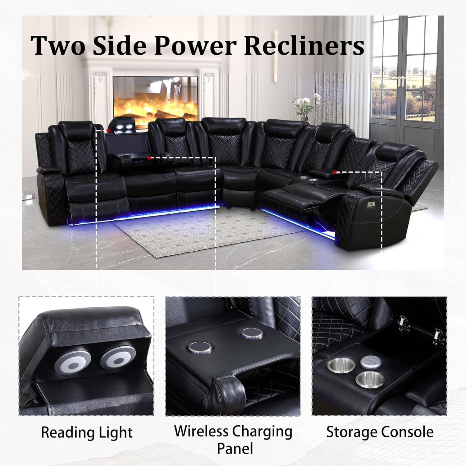 819CE41gyBL._AC_SL1500_.jpg Power Recliner Sectional Sofa with LED, Power Reclining Sectional Couch, Breathing Leather Sofa Couch with USB Port&Cup Holder for Living Room (Living Room Set,Black) - Image 4