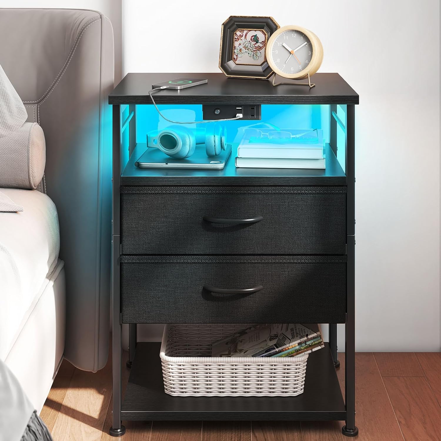 81AJYO6qdsL._AC_SL1500_.jpg AODK Night Stand with Charging Station, End Table for Bedroom Tall Nightstand with Drawers, Small Nightstand for Bedroom, 4 Tier Storage Bedside Table, Black - Image 2