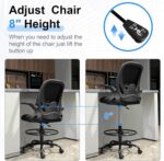 Primy Drafting Chair Tall Office Chair with Flip-up Armrests Executive Ergonomic Computer Standing Desk Chair with Lumbar Support and Adjustable Footrest Ring (Black) - Image 9