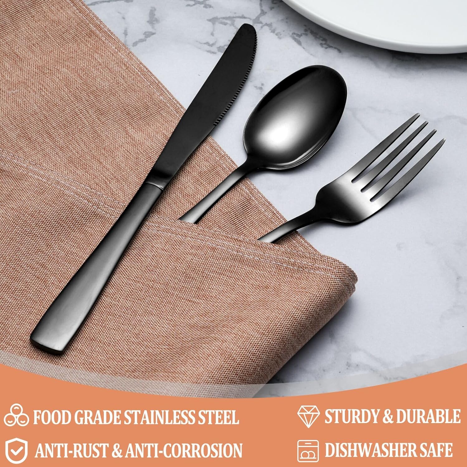 81BR5DEG2L._AC_SL1500_.jpg 20 Pcs Black Silverware Set, Food-Grade Stainless Steel Flatware Set for 4, Square Cutlery Set, Mirror Polished Tableware Eating Utensils Set for Kitchen, Include Knife Fork Spoon Set,Dishwasher Safe - Image 4