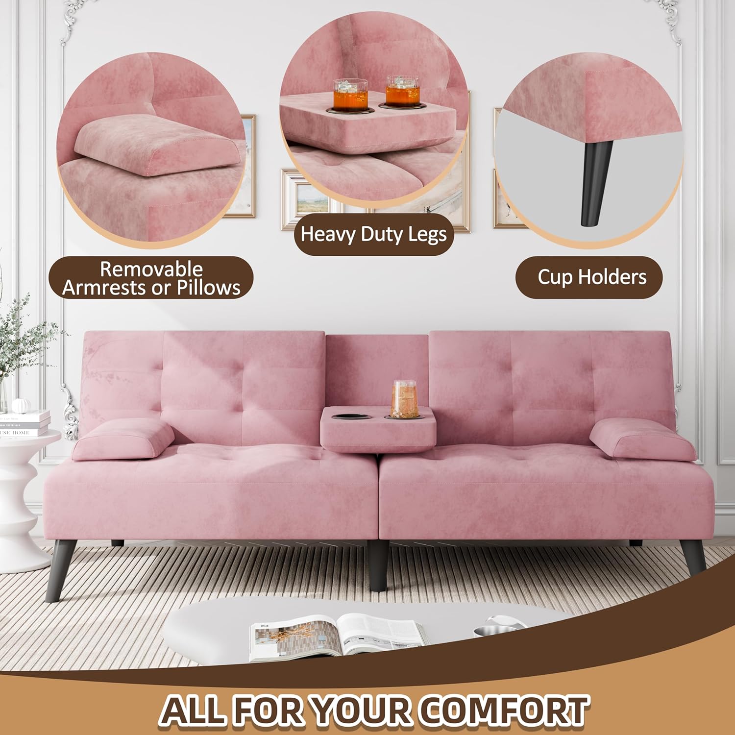 81BrAveSF6L._AC_SL1500_.jpg JAMFLY Sofa Bed Futon Couches, Modern Convertible Folding Loveseat - Multi-Functional Recliner with 3-Angle Adjustment, Detachable Armrests with Cup Holders - Ideal for Small Spaces, Pink - Image 5