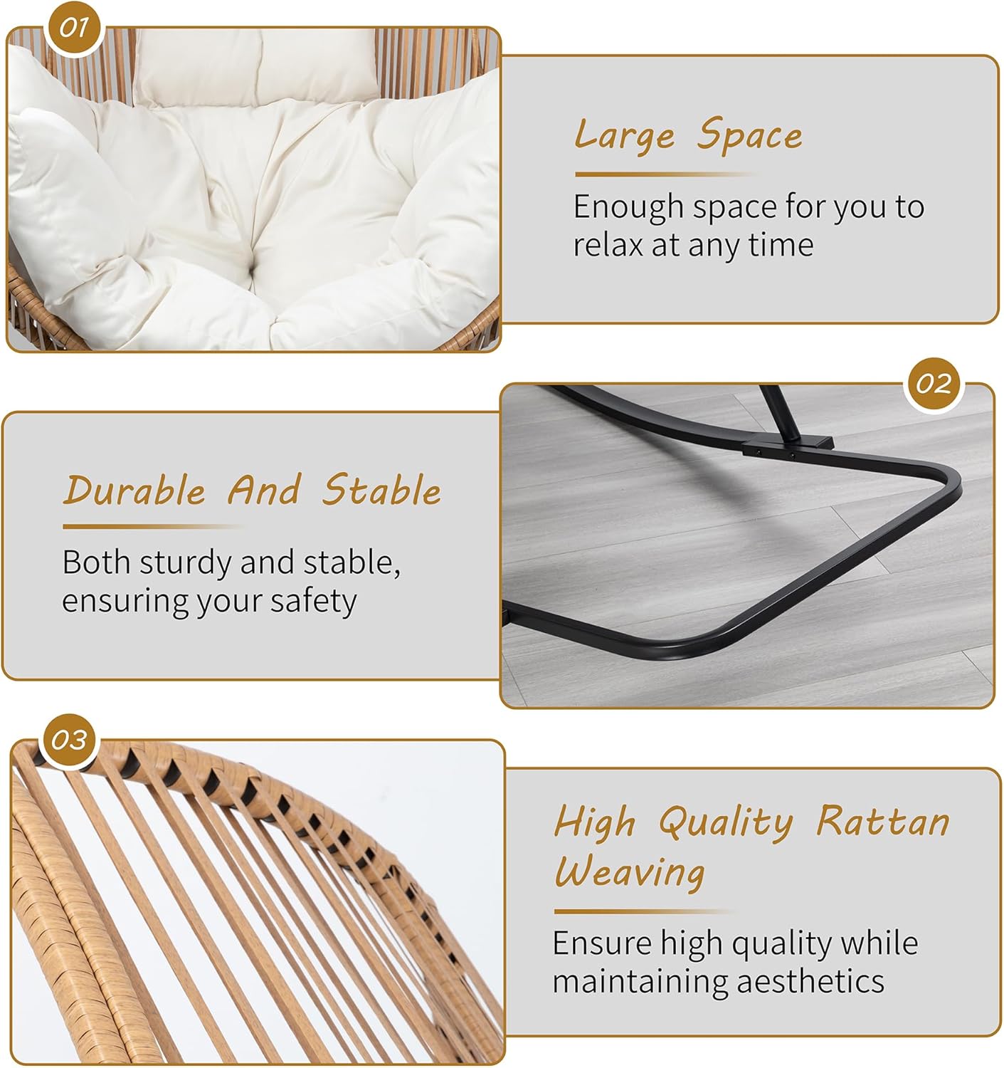 81CLk0NAjlL._AC_SL1500_.jpg Shintenchi Wicker Egg Chair,Oversized Outdoor Indoor Rocking Chair,Large PE Rattan Rocking Chair with Cushion for Patio, Balcony, Backyard, Garden, Beige - Image 6