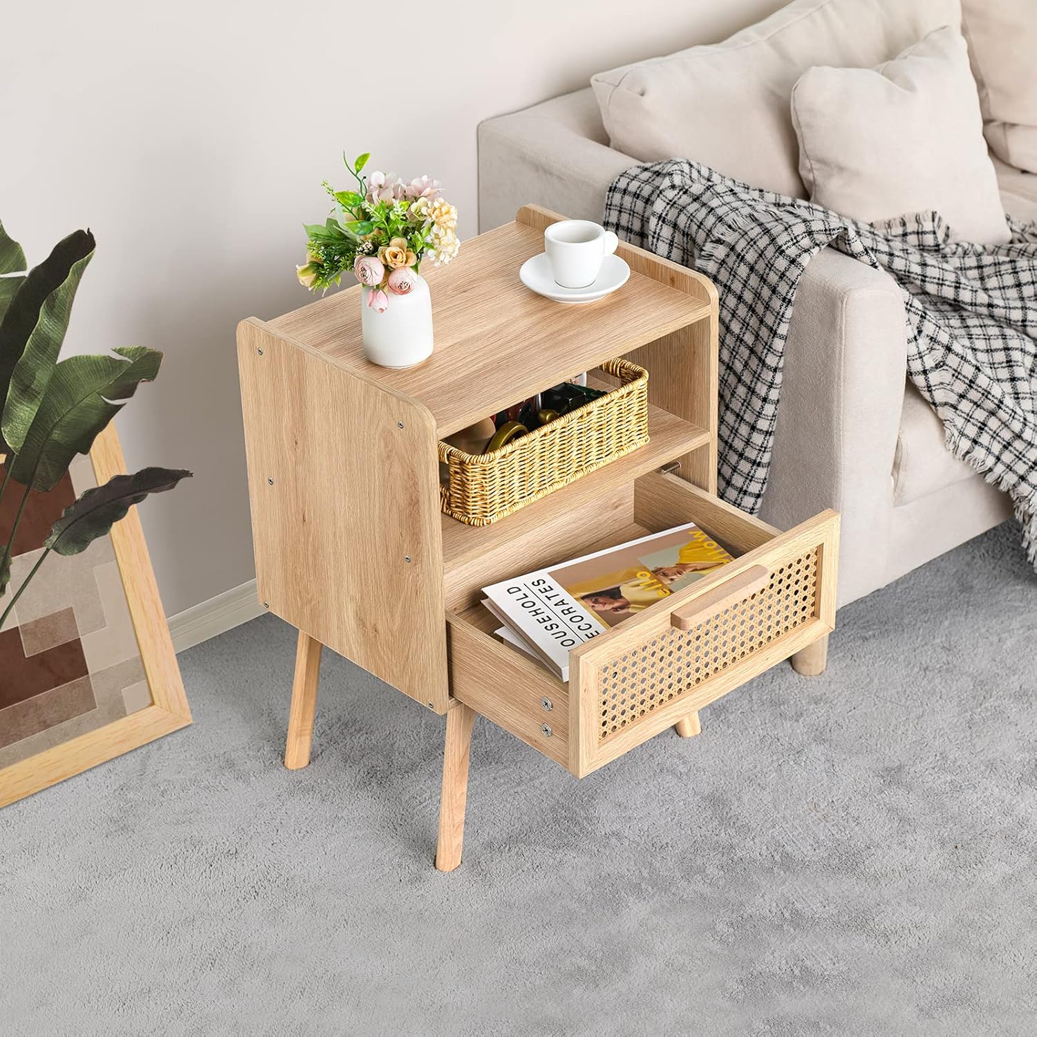 81CNJbHRFZL._AC_SL1500_.jpg Lerliuo Rattan Nightstand, Boho Side Table with Drawer Open Shelf, Cane Accent Bedside End Table with Solid Wood Legs for Bedroom, Dorm and Small Spaces (Natural) - Image 8